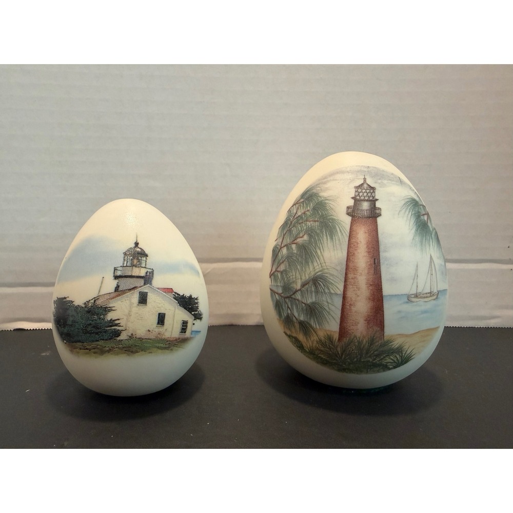Lighthouse Decorative Ceramic Eggs Set of 2 Nautical Coastal Decor Figurines